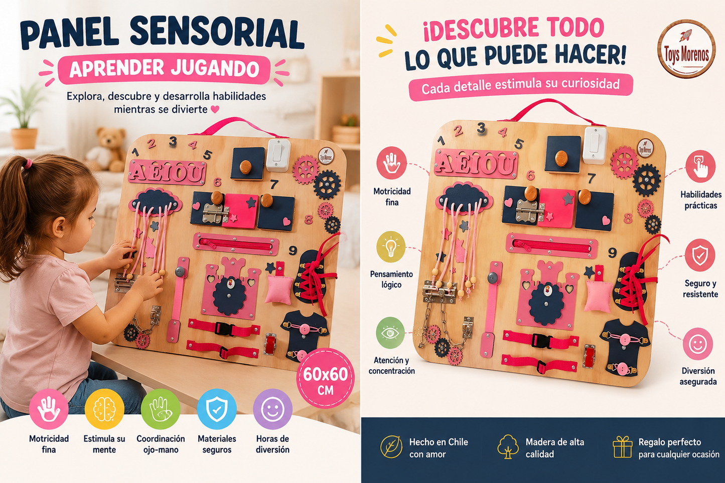 Panel Sensorial Rosado"Manitos en Accion"Tamaño XL